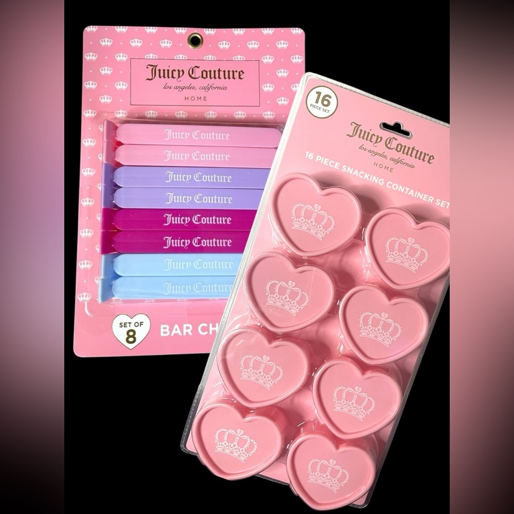 Juicy Couture 8 Chip Bag Clips Magnetic & 16-pc Snack Containers Pink Purple NIP